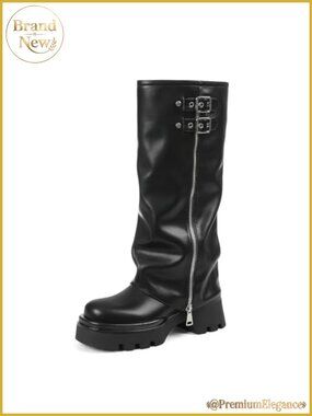 Platform Fold Over Knee High Boots Faux Leather Combat Riding Boots